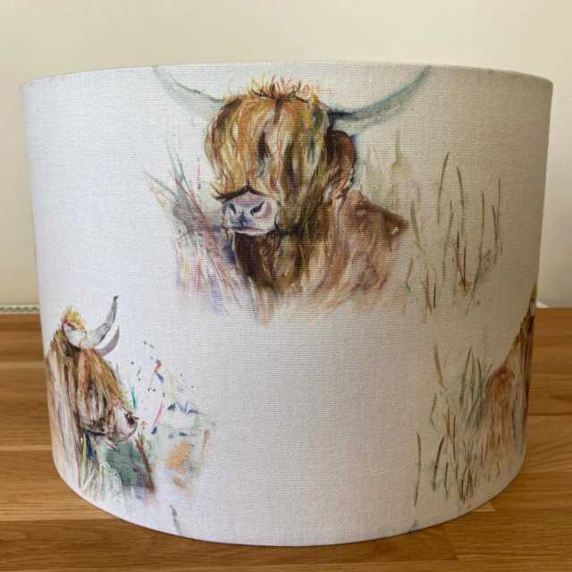 Hand-Painted Countryside Highland Coo Natural Lampshade - Unique Home Decor Accent Voyage - image 1