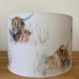 Hand-Painted Countryside Highland Coo Natural Lampshade - Unique Home Decor Accent Voyage - thumbnail 4