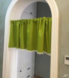Olive Green Pom Cafe Curtain Window Valance/Window Treatment/Kids Nursery Child Playroom Drapes/Shower CurtainLinen , Free Gift - thumbnail 1