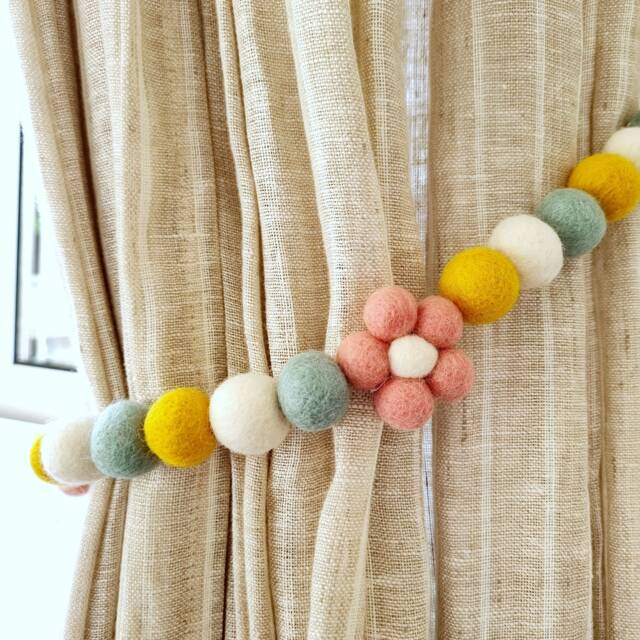 Pink Flower Curtain Holdback - Felt Ball Pom Tie Backs Nursery Decor - image 1