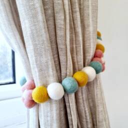 Pink Flower Curtain Holdback - Felt Ball Pom Tie Backs Nursery Decor - thumbnail 3
