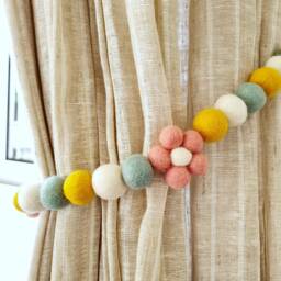 Pink Flower Curtain Holdback - Felt Ball Pom Tie Backs Nursery Decor - thumbnail 1