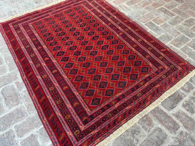 4x6 Handmade Afghan Bukhara Wool Rug - Red & Navy Geometric Turkmen-style Carpet Authentic Tribal Area For Living Room Decor Or Gift - image 1