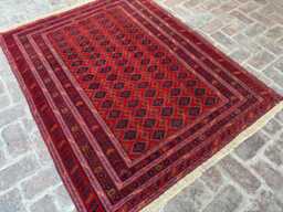4x6 Handmade Afghan Bukhara Wool Rug - Red & Navy Geometric Turkmen-style Carpet Authentic Tribal Area For Living Room Decor Or Gift