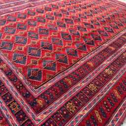 4x6 Handmade Afghan Bukhara Wool Rug - Red & Navy Geometric Turkmen-style Carpet Authentic Tribal Area For Living Room Decor Or Gift - thumbnail 3