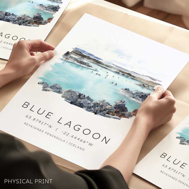 Reykjav??k Travel Poster, Blue Lagoon Print, Iceland Map Coordinates, Gift, Watercolour Wall Decor, Print - image 1
