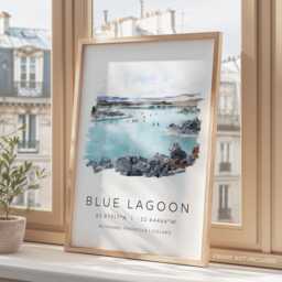 Reykjav??k Travel Poster, Blue Lagoon Print, Iceland Map Coordinates, Gift, Watercolour Wall Decor, Print - thumbnail 3