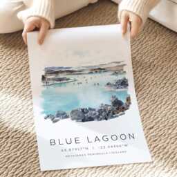 Reykjav??k Travel Poster, Blue Lagoon Print, Iceland Map Coordinates, Gift, Watercolour Wall Decor, Print - thumbnail 2