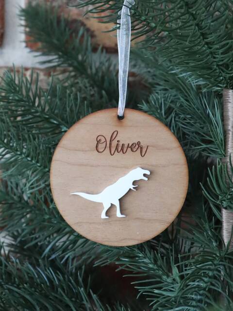 Personalised Dinosaur Christmas Ornament Engraved Wood Tree Decoration - image 1