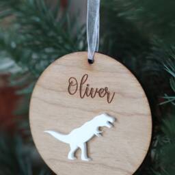 Personalised Dinosaur Christmas Ornament Engraved Wood Tree Decoration - thumbnail 4