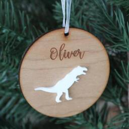Personalised Dinosaur Christmas Ornament Engraved Wood Tree Decoration - thumbnail 2