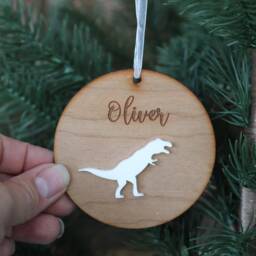 Personalised Dinosaur Christmas Ornament Engraved Wood Tree Decoration - thumbnail 3