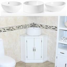 White Painted Bathroom Vanity Unit Corner Wash Stand Marble & Ceramic Basin 501Bpwmcbc - thumbnail 1