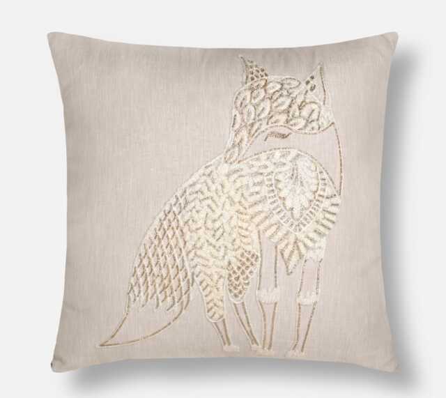 Peach Linen Fox Pillow Cover, Wool & Gold Zari Embroidery, Bohemian Accent Bmcc203 - image 1