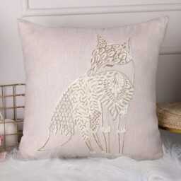 Peach Linen Fox Pillow Cover, Wool & Gold Zari Embroidery, Bohemian Accent Bmcc203 - thumbnail 2