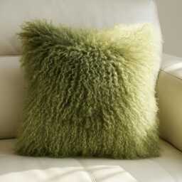 Large Sheepskin Fur Cushion Cover Green Mongolian - thumbnail 1