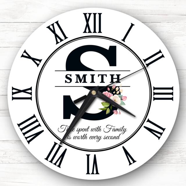 White Floral Family Name Any Initial Personalised Gift Clock - image 1