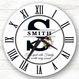 White Floral Family Name Any Initial Personalised Gift Clock - thumbnail 1