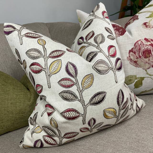 Autumn Embroidered Cushion Cover, Leaf Trial Pillow Red Green/Bold , Decorative Throw Designer Iliv Fabric - Double Sided - image 1