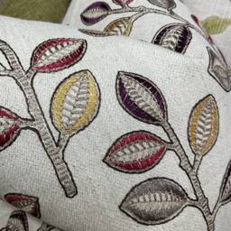 Autumn Embroidered Cushion Cover, Leaf Trial Pillow Red Green/Bold , Decorative Throw Designer Iliv Fabric - Double Sided - thumbnail 3