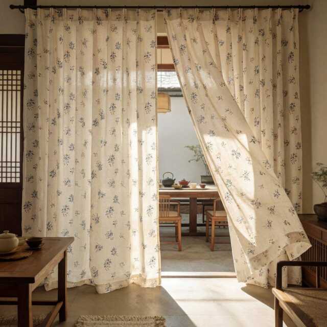 Rustic Floral Linen Curtains Farmhouse Cottage Drapes For Bedroom Living Room - image 1