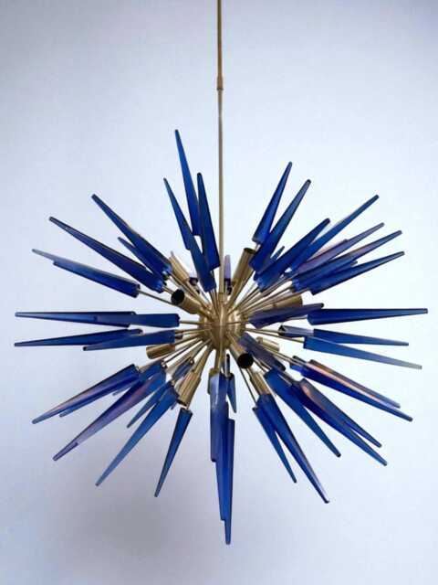 1950's Mid Century Murano Glass Blue Cube Sputnik Urchin Italian Ceiling Light Fixture Brushed Brass Finish Lamp - image 1