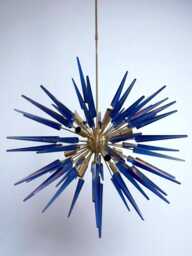 1950's Mid Century Murano Glass Blue Cube Sputnik Urchin Italian Ceiling Light Fixture Brushed Brass Finish Lamp - thumbnail 1