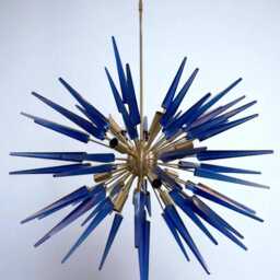 1950's Mid Century Murano Glass Blue Cube Sputnik Urchin Italian Ceiling Light Fixture Brushed Brass Finish Lamp - thumbnail 2