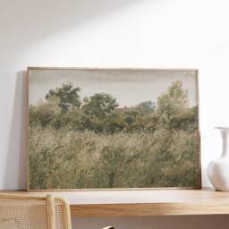 Vintage Cottage Landscape Painting Print, Farmhouse Kitchen Wall Decor, Field Of Oats Art, Meadow Muted Green Printable, Digital Art - thumbnail 2
