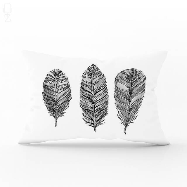 Black & White Feather Print Lumbar Cushion Cover - Suede Pillow - image 1