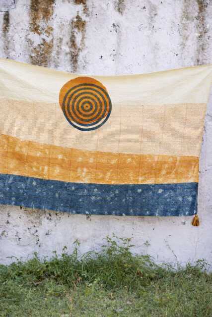 Mustard & Indigo Handmade Throw Blanket, Linen Cotton Kantha Coverlet, Block Printed Spiral Sun Design - image 1