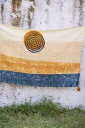 Linen Cotton Handmade Throw Blanket, Mustard & Indigo Kantha Quilt, Block Printed Spiral Sun Design
