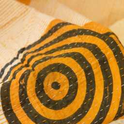 Mustard & Indigo Handmade Throw Blanket, Linen Cotton Kantha Coverlet, Block Printed Spiral Sun Design - thumbnail 2