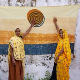 Linen Cotton Handmade Throw Blanket, Mustard & Indigo Kantha Quilt, Block Printed Spiral Sun Design - thumbnail 4