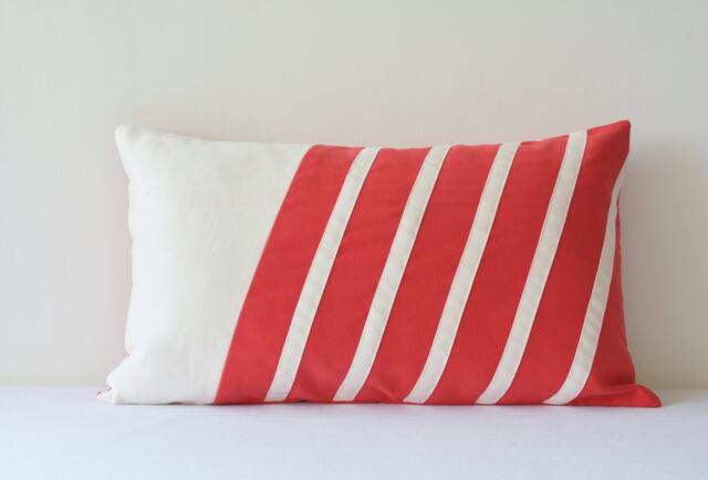 Coral Red Patchwork Pillow Cover, Faux Suede Cushion, Modern Decor - image 1