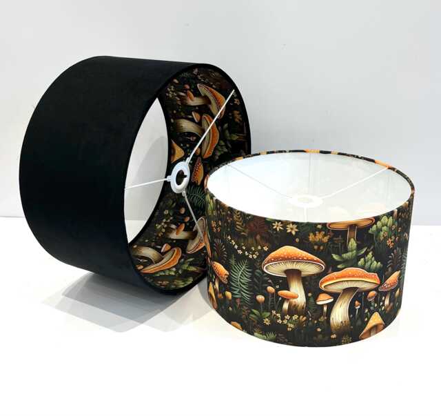 Handmade Black Velvet Lamp Shade Mushroom Village Jungle Pattern - image 1