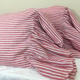 A Pair Of Red & White Striped Pillow Cases With Mermaid Long Ruffles, Farmhouse Style - thumbnail 2