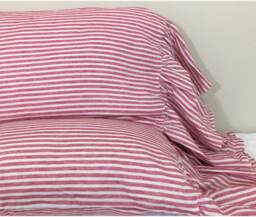 A Pair Of Red & White Striped Pillow Cases With Mermaid Long Ruffles, Farmhouse Style - thumbnail 1