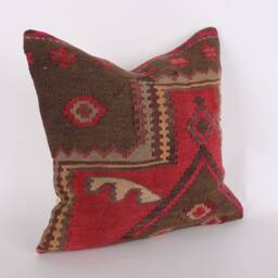 Vintage Turkish Kilim Pillow Cover 16'' Handwoven Wool Throw - thumbnail 3