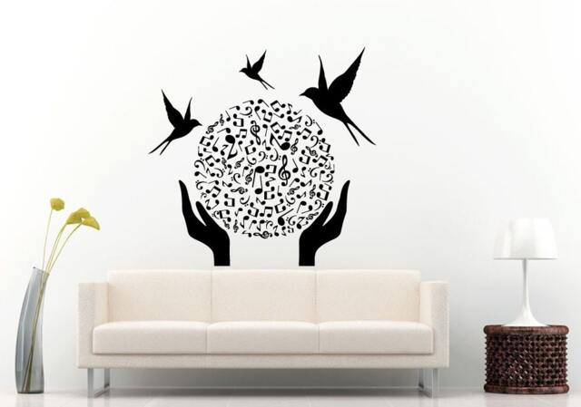 Musical World Planet Notes Hands Holding Nature Birds Above Wall Decal Vinyl Sticker Mural Room Decor L1234 - image 1