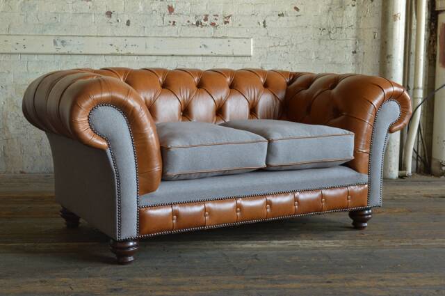 2 Seater Vintage Tan Leather Chesterfield Sofa, Light Grey Wool, British Handmade - image 1