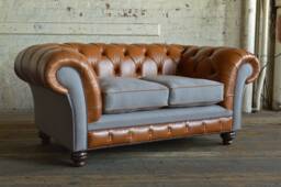 2 Seater Vintage Tan Leather Chesterfield Sofa, Light Grey Wool, British Handmade