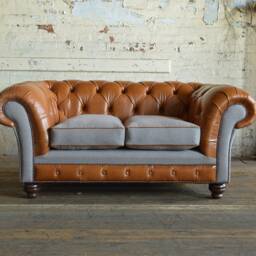 2 Seater Vintage Tan Leather Chesterfield Sofa, Light Grey Wool, British Handmade - thumbnail 3