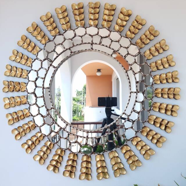 Peruvian Silver Gold Leaf Mirror 78 cm Handmade Wall Decor - Carved Wood Round Artistic Statement For Living Room Bathroom - image 1