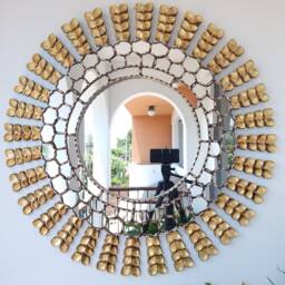 Peruvian Silver Gold Leaf Mirror 78 cm Handmade Wall Decor - Carved Wood Round Artistic Statement For Living Room Bathroom