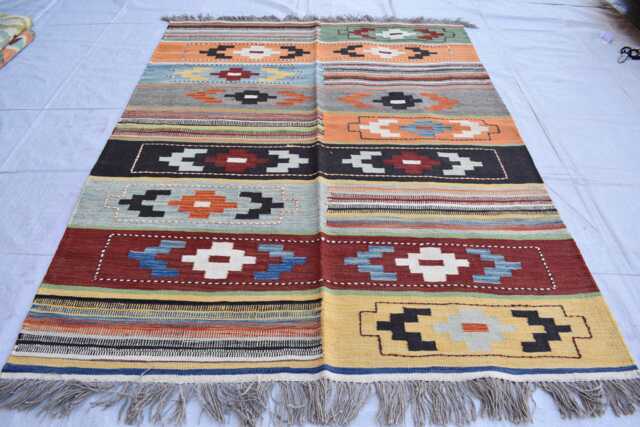 Handwoven Afghan Kilim Rug Geometric Wool Tribal Design - 6.6x4.11 Ft - image 1