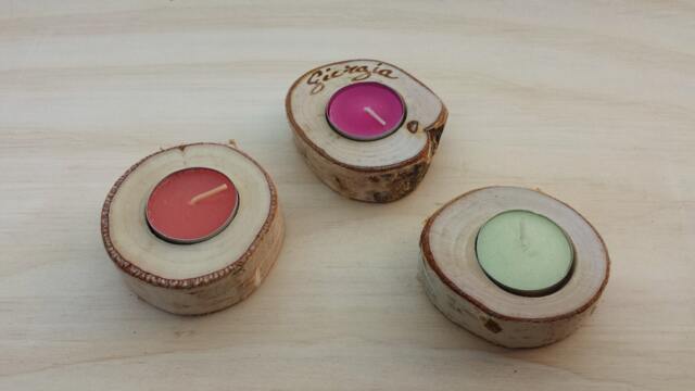 Birch Wood Door Custom Placeholder Candles With Name Engraved in Focus