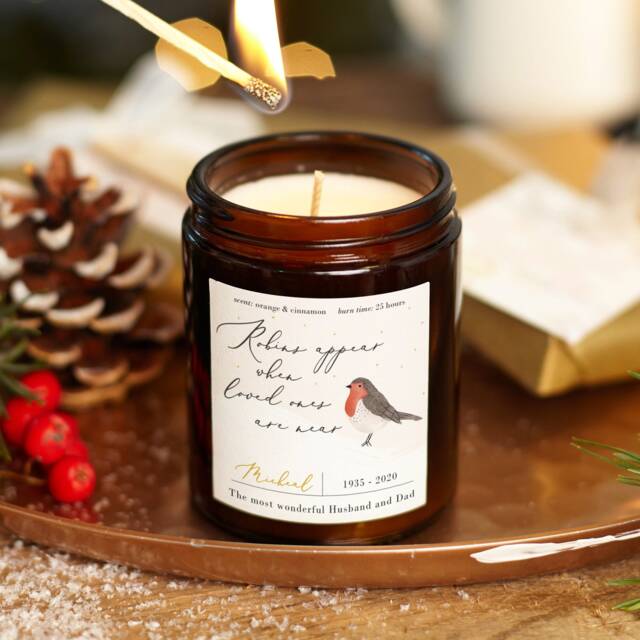 Remembrance Christmas Candle Robin Memorial Gift, Personalised Soy Wax - image 1