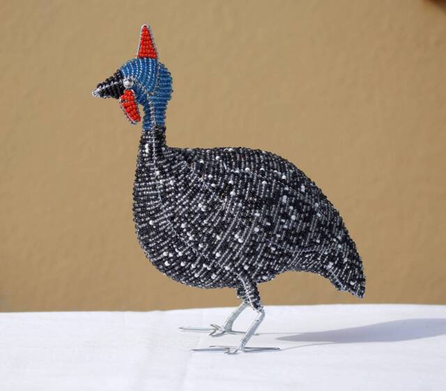 Beaded Guinea Fowl Sculpture, African Art Souvenir - image 1
