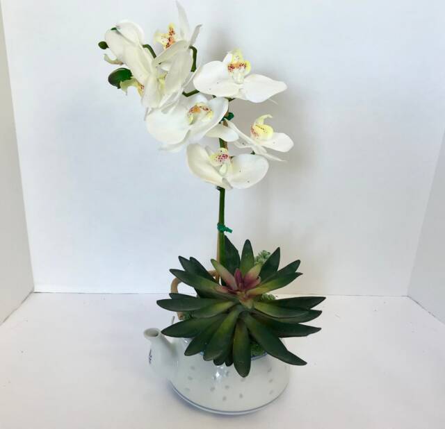 Decorative Planter in Jing De Zhen Translucent Rice Grain Teapot With A White Silk Orchid - image 1